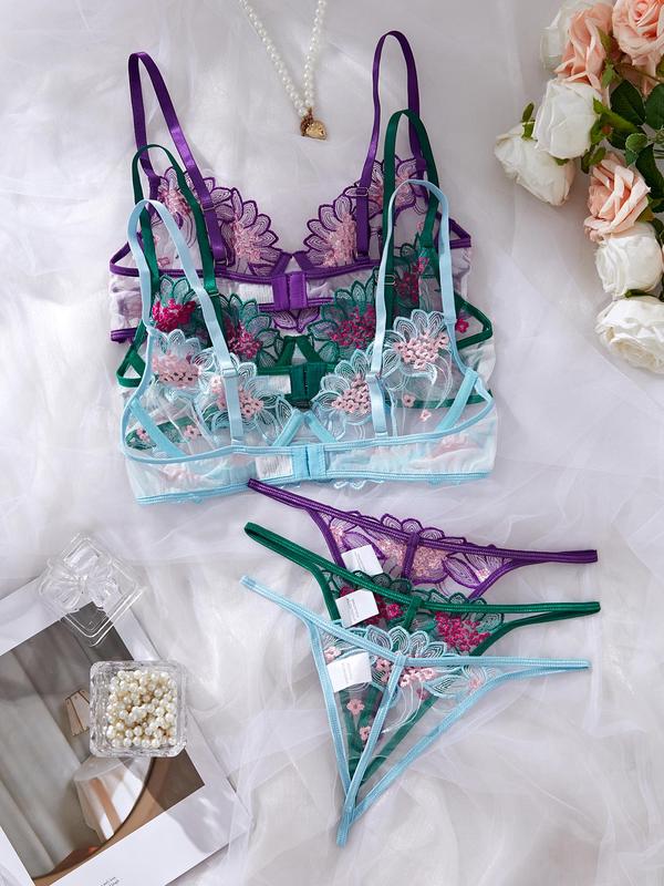 Women's Floral Embroidery Sheer Sexy Lingerie Set, Adjustable Strap Bra & Thong Set for All Seasons, Soft Comfy Breathable Sexy Lingerie Set for Women, Vacation Wear