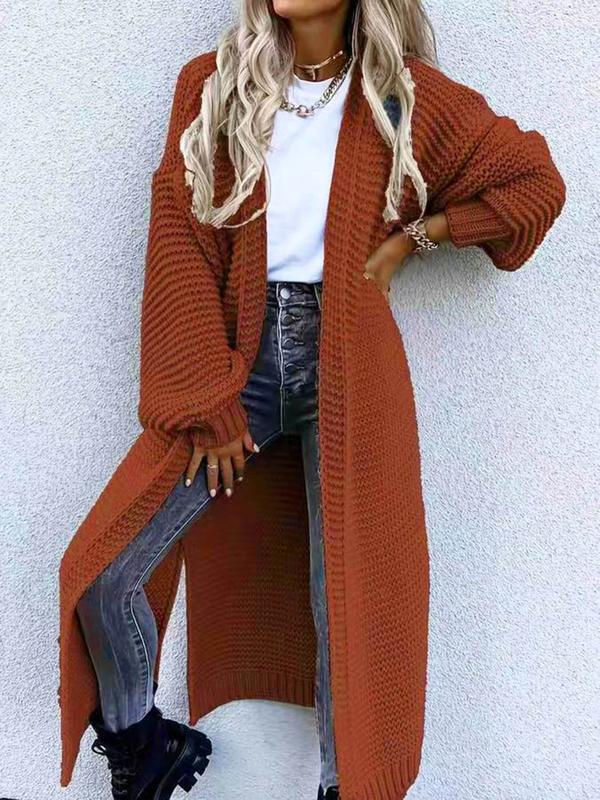 Women's Solid Color Split Hem Drop Shoulder Long Cardigan, Casual Open Front Long Sleeve Knitwear for Fall & Winter, Women's Knit Clothing for Daily Wear