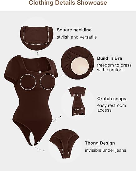 Lover-Beauty Bodysuit Shirts for Women Short Sleeve Tummy Control Thong Shapewear