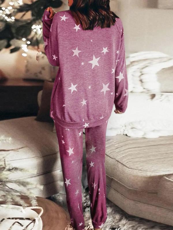 Women's Christmas Theme Star Print Raglan Sleeve Top & Tie Front Pants Loungewear Two-piece Set, Casual Comfy Round Neck Long Sleeve Top & Trousers Pj Set, Ladies Sleepwear for Fall & Winter