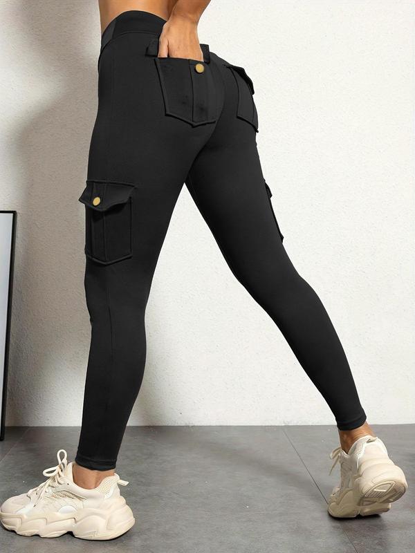 Women's Solid High Waist Pocket Leggings, Casual Comfy High Stretch Skinny Pants for Daily Wear, Ladies Bottoms for All Seasons