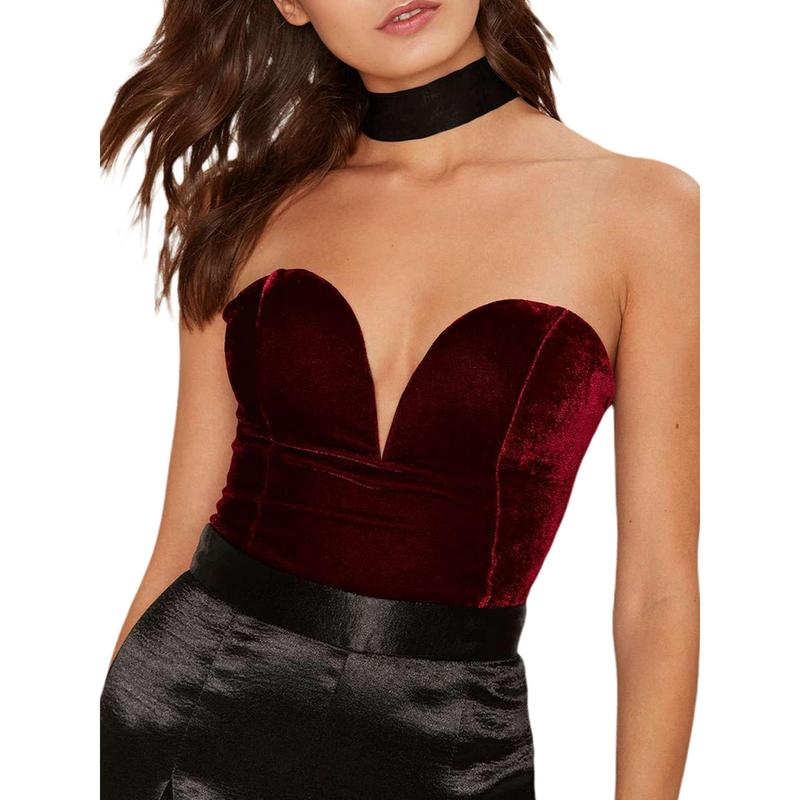 Women's Strapless Bodysuit, Sexy Deep V Neck Cross Back Velvet Bodycon Leotard Top Premier Blind Fabric Womenswear bodycon bodysuit