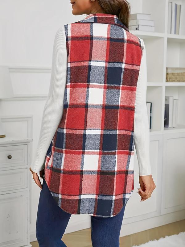 Women's Plaid Print Button Front Vest Coat, Casual Pocket Design Collared Waistcoat for Fall, Fall Outfits, Fashion Women's Clothing for Daily Wear, Fall Outfits, Fallfreshness for Birthday Gifts