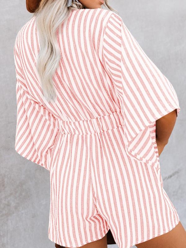 Women's Striped Print Knot Front Romper, Casual Batwing Sleeve Pocket Jumpsuit, Ladies Clothes for Summer Daily Wear Back to School