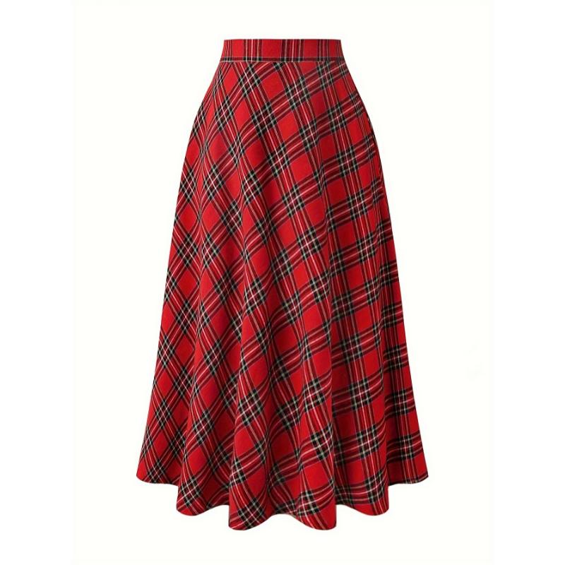 Elegant Women's Christmas Plaid A-Line Midi Skirt - Polyester, Machine Washable, Non-Sheer for Fall Winter