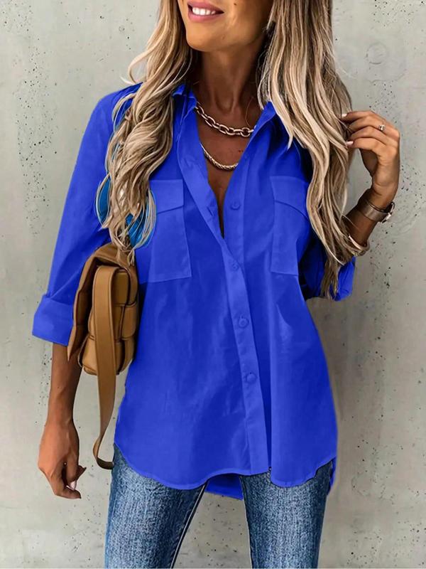 Women's Plain Button Front Pocket Shirt, Casual Drop Shoulder Long Sleeve Blouse Top for Spring & Fall, Women's Clothing for Daily Wear