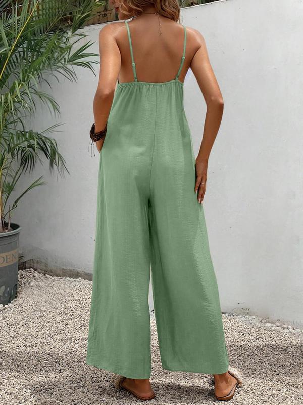 YOZY [5 Colors] Boho V Neck Pocket Wide Leg Jumpsuit  Plain Plicated Cami Jumpsuit, 2024 Women's Summer Outfits for Daily Wear