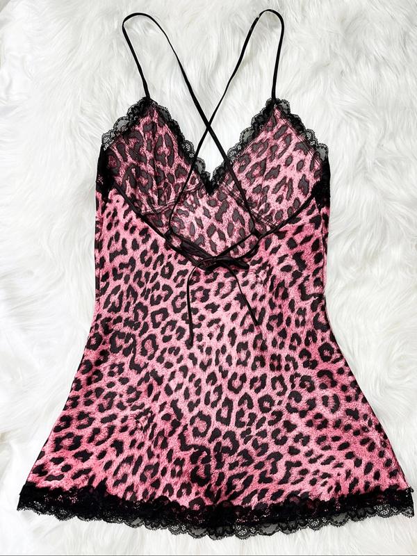 Women's Leopard Print Contrast Lace Criss Cross Backless Cami Nightdress PJ, Dresses for Women, Summer Clothes Women, Soft Satin Split Thigh Spaghetti Strap Nightgown Nighties, Women's Sleepwear for Summer, Vacation Wear Vacation Wear