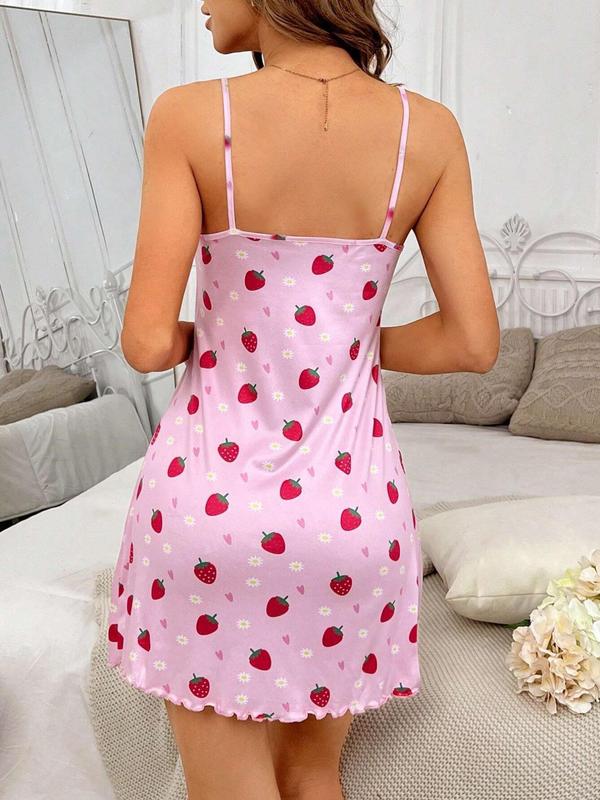 All Over Strawberry & Daisy Print Lettuce Trim Pj Cami Nightdress, Summer Soft Comfortable Sleeveless Nightgown Nighties, Women's Sleepwear for Summer