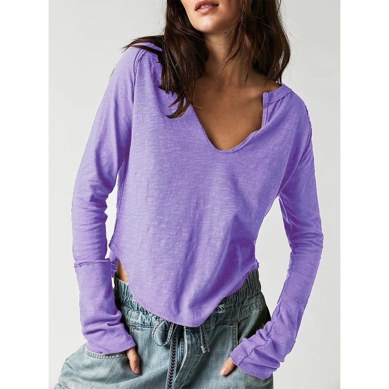 Casual Women Autumn Solid Color Long Sleeve V Neck Pullover Loose Blouse Top Soft Long-Sleeved Women's T-Shirt With V-Neck size