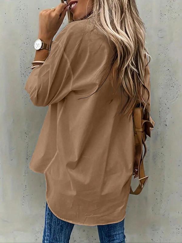 Women's Plain Button Front Pocket Shirt, Casual Drop Shoulder Long Sleeve Blouse Top for Spring & Fall, Women's Clothing for Daily Wear