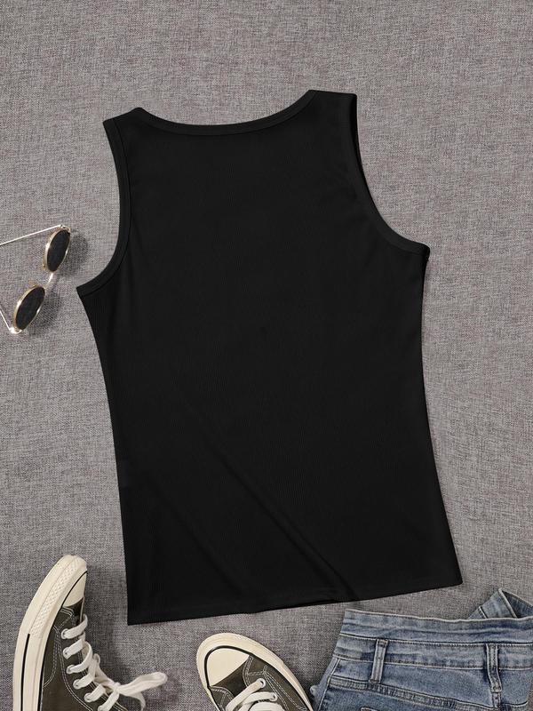 Women's Letter Print Round Neck Tank Top, Casual Sleeveless Top for Summer, Ladies Clothes for Daily Wear