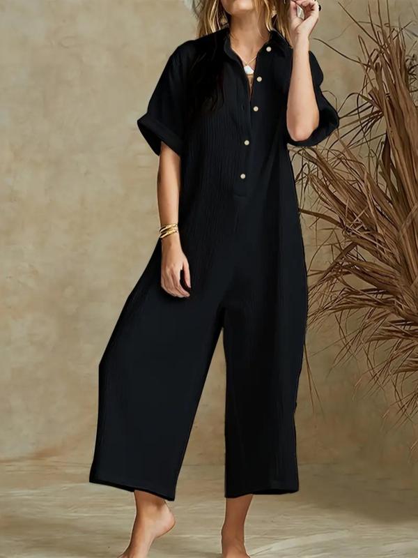 Women's Solid Half Button Wide Leg Jumpsuit, Casual Half Sleeve Collared Jumpsuit for Summer, Women's Jumpsuit for Daily Wear, Shortsleeve Womenswear