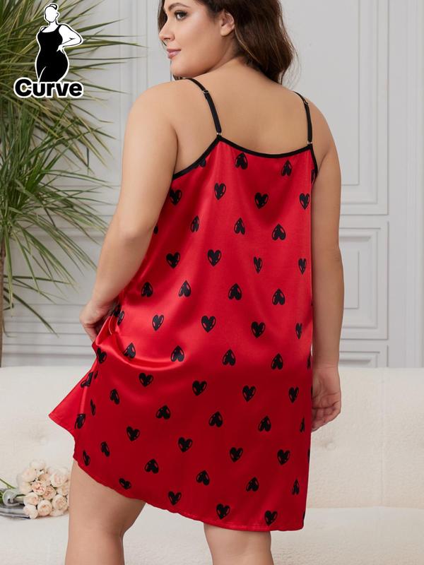 Plus Size Heart Print Satin Cami Nightdress, Casual Adjustable Spaghetti Strap Nightgown for Women, Women's Sleepwear for All Seasons