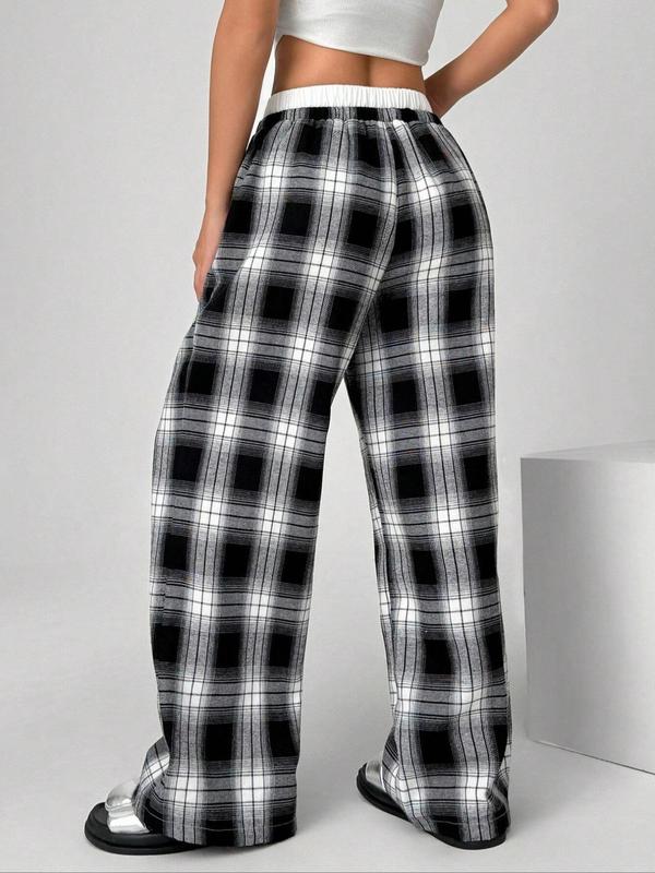 Women's Striped & Patchwork Print 2-in-1 Drawstring Waist Wide Leg Pants, Casual Elastic Waist Pocket Trousers for Fall, Fashion Women's Bottoms for Daily Wear, Fall Outfits, Fallfreshness, Girl Clothes