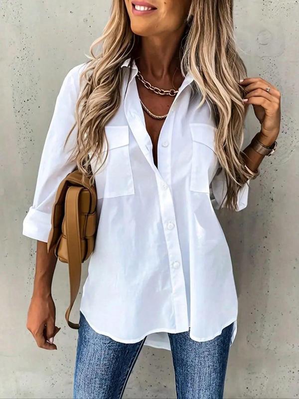 Women's Plain Button Front Pocket Shirt, Casual Drop Shoulder Long Sleeve Blouse Top for Spring & Fall, Women's Clothing for Daily Wear