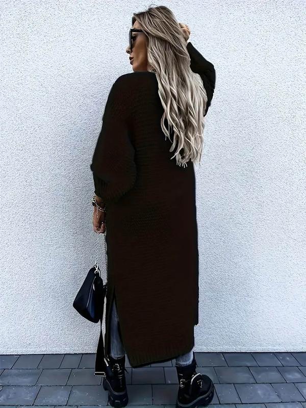 Women's Solid Color Split Hem Drop Shoulder Long Cardigan, Casual Open Front Long Sleeve Knitwear for Fall & Winter, Women's Knit Clothing for Daily Wear