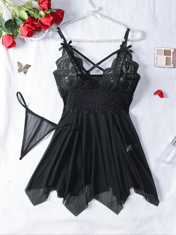 Plus Size Contrast Lace Bow Decor Mesh Sexy Costumes Two-Piece Set, Adjustable Strap Asymmetrical Hem Scallop Trim Nightgown & Thong Set, Women's Sleepwear Set for All Seasons