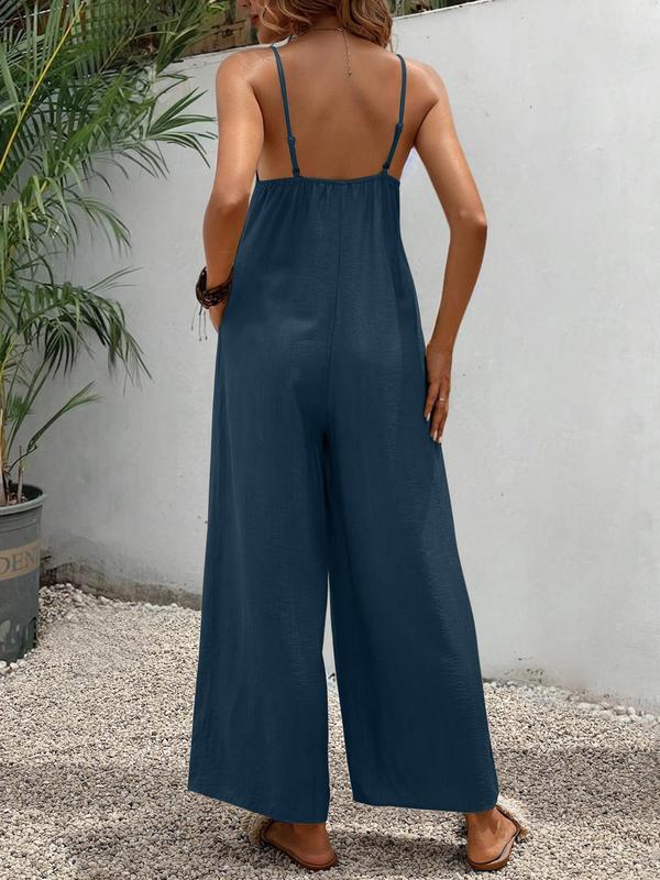 YOZY [5 Colors] Boho V Neck Pocket Wide Leg Jumpsuit  Plain Plicated Cami Jumpsuit, 2024 Women's Summer Outfits for Daily Wear