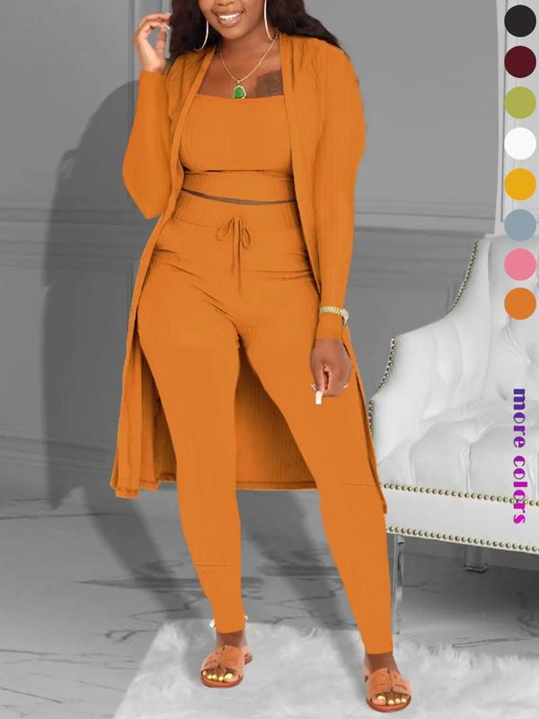 Women's Plain Co-ord Set, Long Sleeve Open Front Cardigan & Crop Cami Top & Tie Front High Waist Leggings Two Piece Set,  Matching Sets,  Fall Outfits 2024 Sets, Casual Fashion Clothes Set for Fall, Workout Sets Women