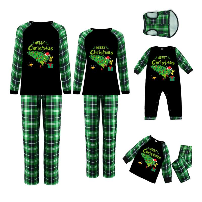 Green Christmas Pajamas for Family Funny Elf Stole Tree Print Long Sleeve Tops + Trousers Set Holiday Nightwear