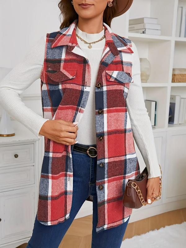 Women's Plaid Print Button Front Vest Coat, Casual Pocket Design Collared Waistcoat for Fall, Fall Outfits, Fashion Women's Clothing for Daily Wear, Fall Outfits, Fallfreshness for Birthday Gifts