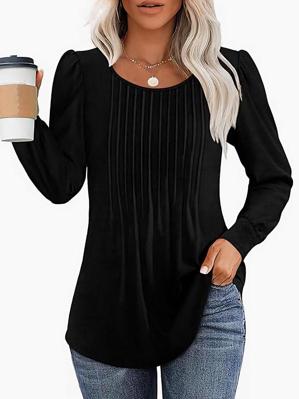 Women's Plain Pleated Bishop Sleeve Sweater, Casual Long Sleeve Round Neck Jumper for Fall & Winter, Fashion Ladies' Knitwear for Daily Wear