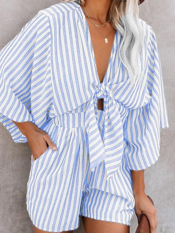 Women's Striped Print Knot Front Romper, Casual Batwing Sleeve Pocket Jumpsuit, Ladies Clothes for Summer Daily Wear Back to School