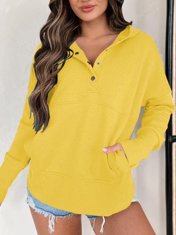 Women's Plain Pocket Button Drop Shoulder Hoodie, Casual Long Sleeve Hooded Pullover for Daily Wear,  Hoodies for Women,  Ladies Clothes for Fall