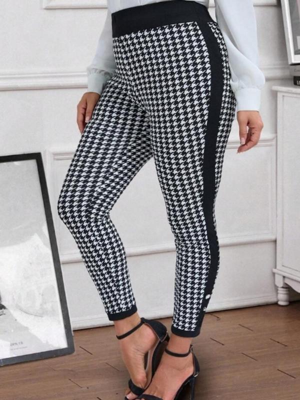  Houndstooth Print Side Stripe Button Leggings, Casual Comfy Skinny Pants for Daily Wear, Women's Bottoms for Spring & Fall