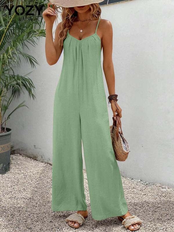 YOZY [5 Colors] Boho V Neck Pocket Wide Leg Jumpsuit  Plain Plicated Cami Jumpsuit, 2024 Women's Summer Outfits for Daily Wear