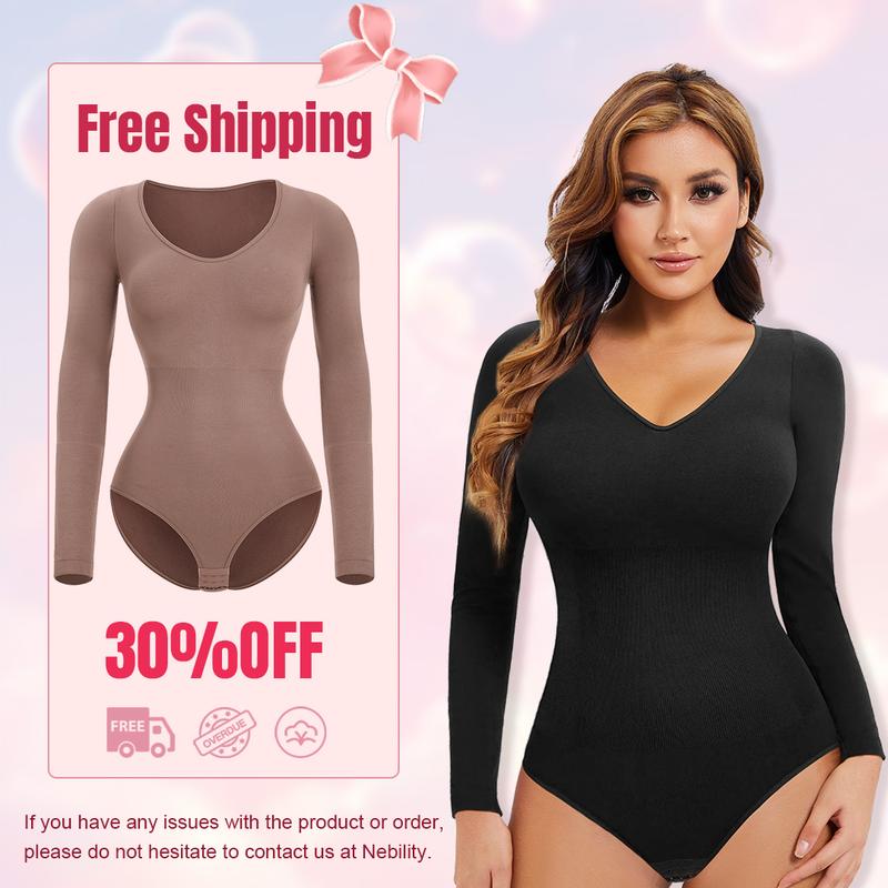 Nebility Long Sleeves V Neck Bodycon Black Basic Tops