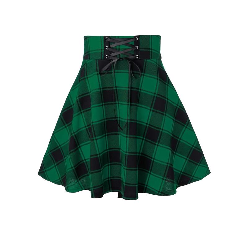 Plaid Lace-Up High-Waisted Swing Mini Skirt for Women