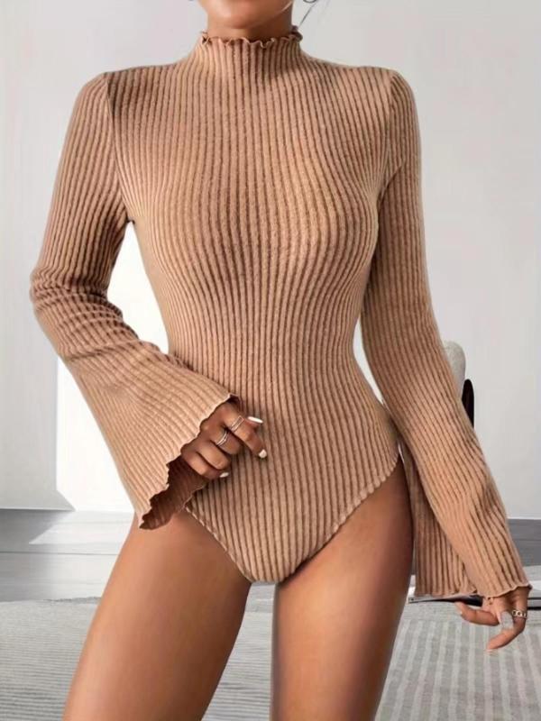 Women's Solid Flounce Sleeve Mock Neck Bodysuit, Casual Long Sleeve Bodysuit for Fall & Winter, Women's Clothes for Daily Wear