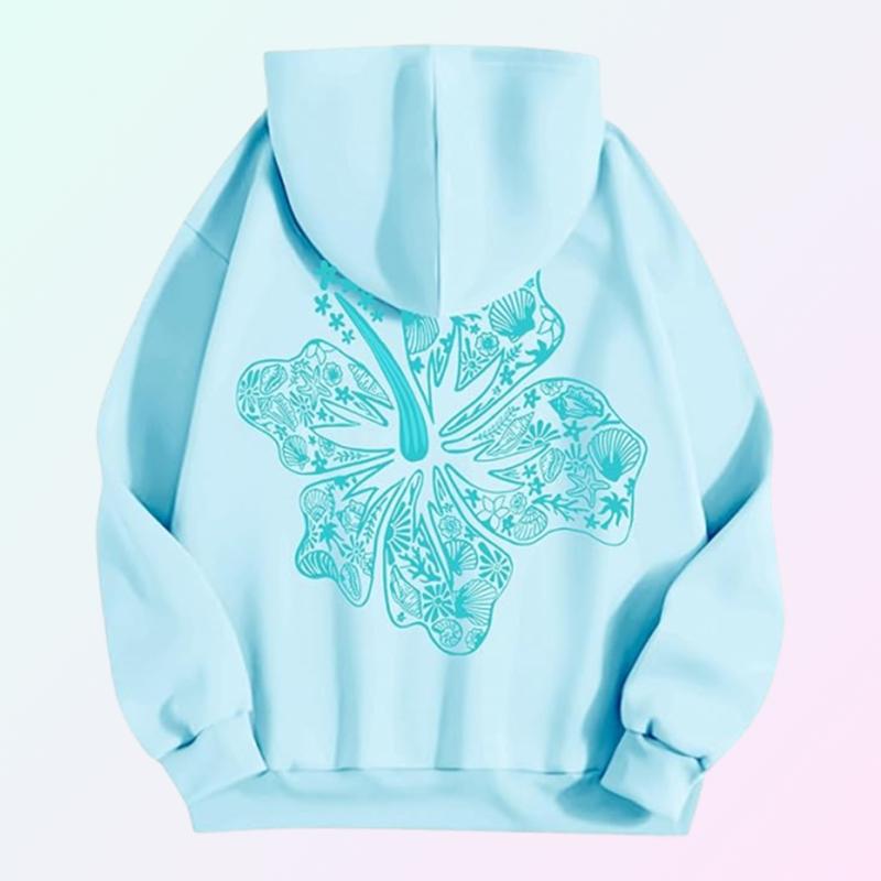 Womens Pink Palm Puff Hawaiian Hibiscus Aquamarine Hoodie with Pockets Lightweight Hooded Sweatshirt Warm Street Print Hoodie Cute Hoodie Hip Hoodie Teen Girls Y2k Hoodie