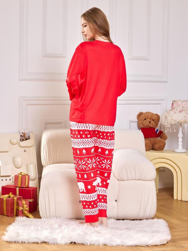 Couple's Christmas Themed Print Long Sleeve Tee & Pants Pyjama Two-piece Set, Casual Comfy Tree Print Round Neck Top & All Over Cartoon Print Trousers PJ Set, Couple's Sleepwear for Fall & Winter