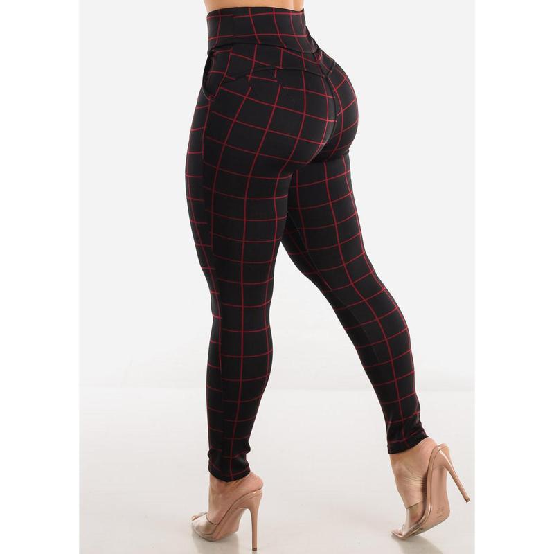 Black High Waisted Butt Lifting Skinny Pants Windowpane