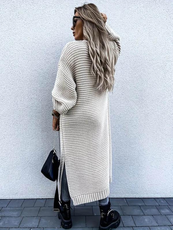 Women's Solid Color Split Hem Drop Shoulder Long Cardigan, Casual Open Front Long Sleeve Knitwear for Fall & Winter, Women's Knit Clothing for Daily Wear