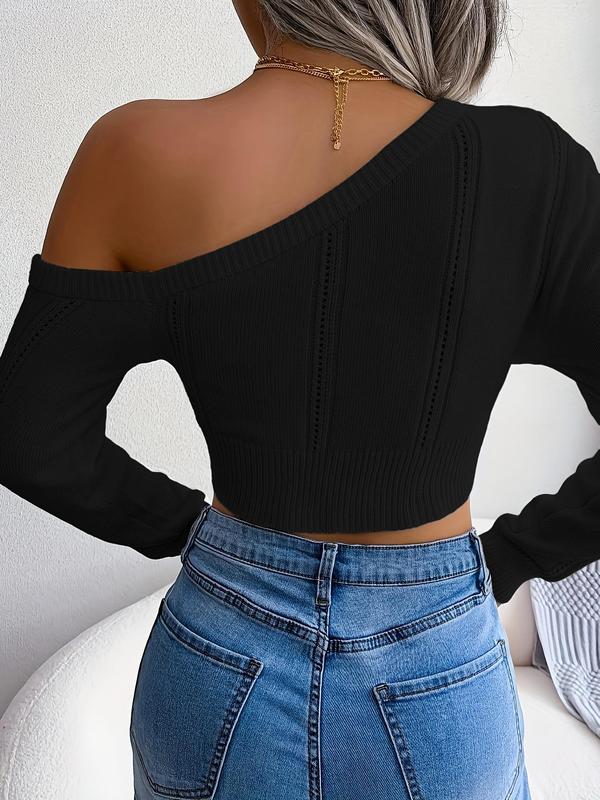 Women's Plain Hollow Out One Shoulder Crop Sweater, Casual Long Sleeve Asymmetrical Neck Cropped Jumper for Spring & Fall, Sweaters for Women, Fashion Women's Knitwear for Daily Wear