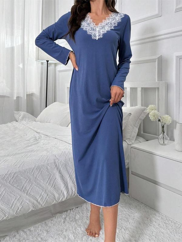 Women's Contrast Lace V Neck Nightdress, Casual Long Sleeve Nightgown for Spring & Fall, Ladies Sleepwear for Indoor Wear