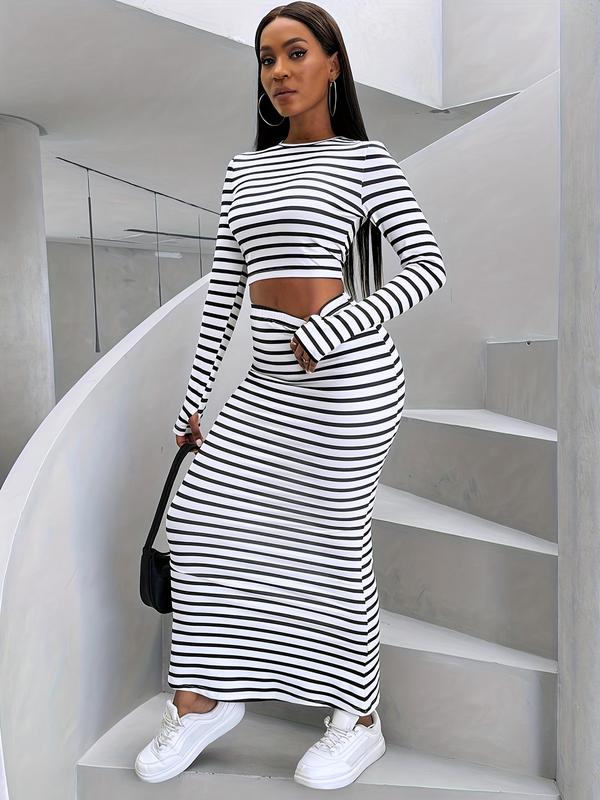 Womenswear Two-piece Set Women's Striped Print Long Sleeve Crop Top & Mermaid Skirt Two-piece Set, Comfort Round Neck Top & High Waist Skirt for Daily Wear, Ladies Fall Clothes, Matching Sets, Two Piece Set Women, Fall Clothing Women