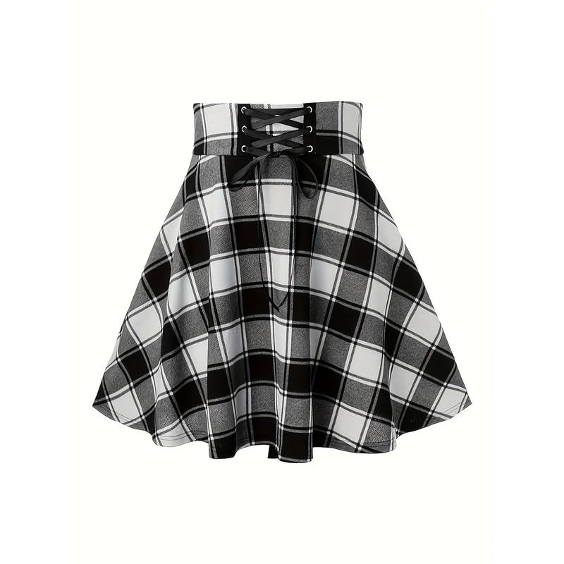 Plaid Lace-Up High-Waisted Swing Mini Skirt for Women