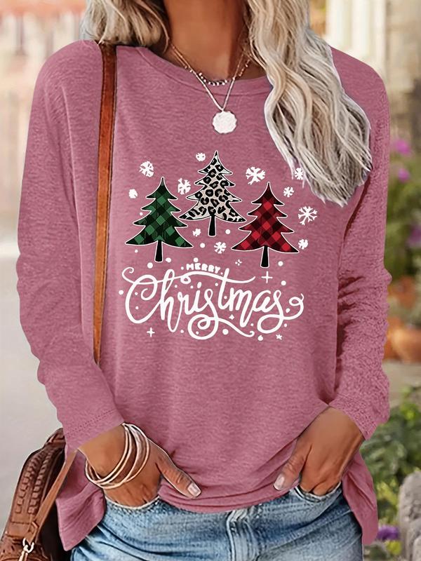 Women's Christmas Tree & Letter Print Drop Shoulder Tee, Casual Long Sleeve Round Neck Pullover for Daily Wear, Ladies Fall & Winter Clothes