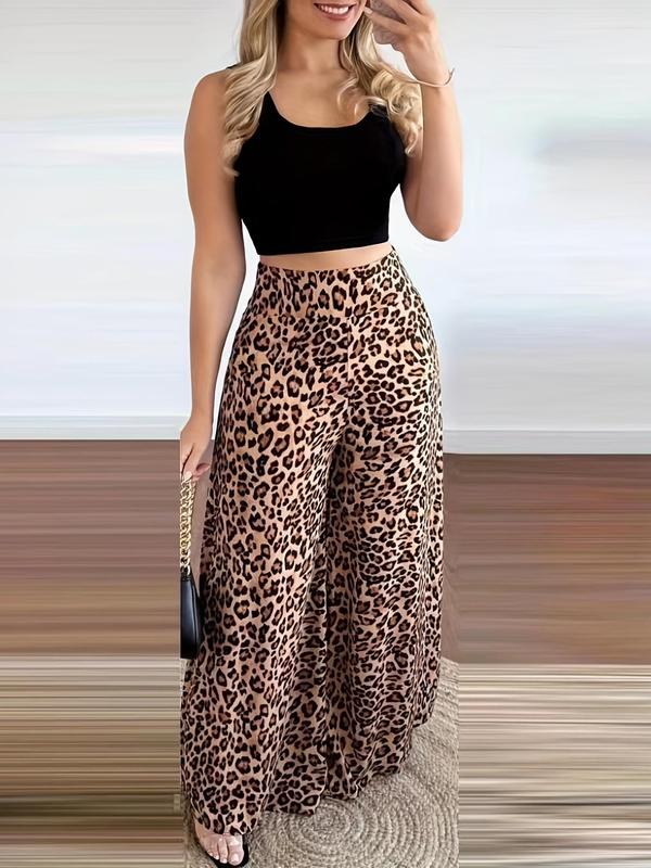 Women's Leopard Print Pants Set, Casual Scoop Neck Crop Tank Top & Random & High Waist Wide Leg Pants, Ladies Summer Clothes