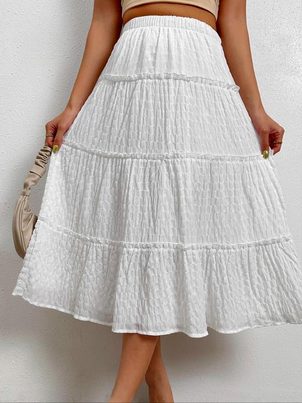 Women's Textured Frill Trim High Waist A Line Skirt, Casual Elastic Waist Midi Skirt for Beach Holiday Vacation, Ladies Summer Clothes