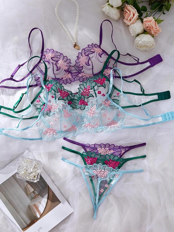 Women's Floral Embroidery Sheer Sexy Lingerie Set, Adjustable Strap Bra & Thong Set for All Seasons, Soft Comfy Breathable Sexy Lingerie Set for Women, Vacation Wear