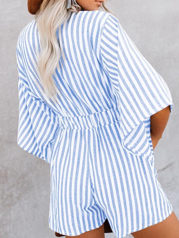 Women's Striped Print Knot Front Romper, Casual Batwing Sleeve Pocket Jumpsuit, Ladies Clothes for Summer Daily Wear Back to School