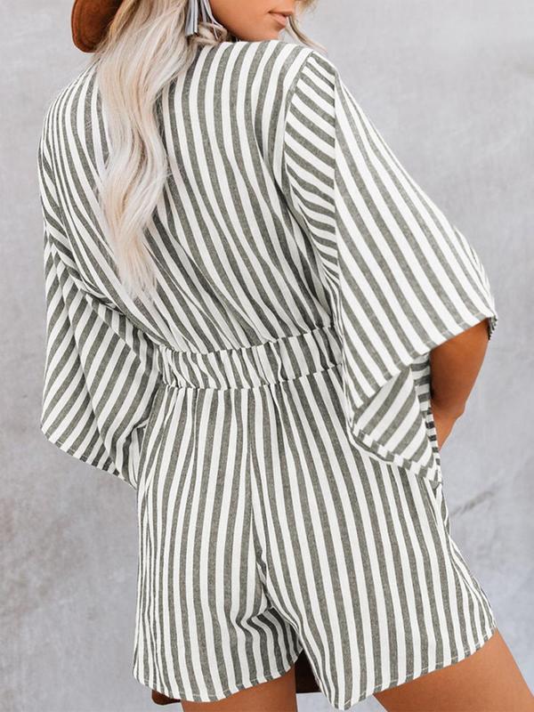 Women's Striped Print Knot Front Romper, Casual Batwing Sleeve Pocket Jumpsuit, Ladies Clothes for Summer Daily Wear Back to School