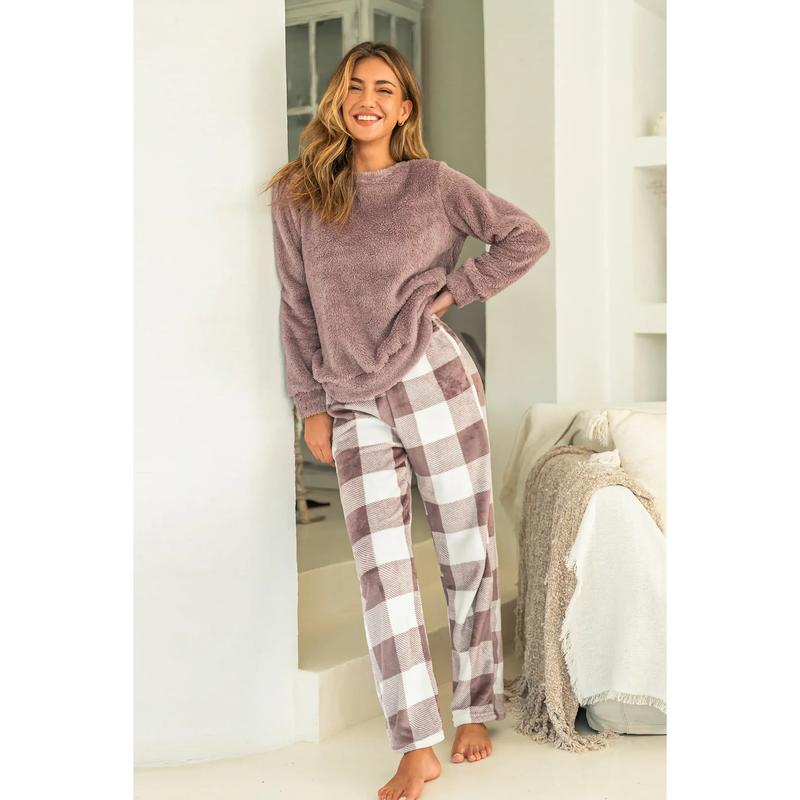 Pink Fuzzy Knit Sweater & Plaid Pants Pajama Set D-C