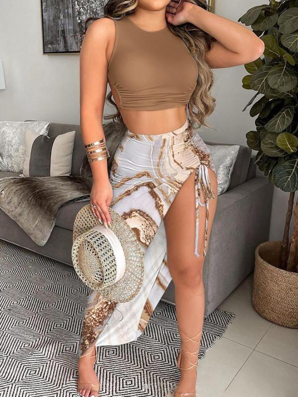 Women's Random Print Ruched Skirt Two-piece Set As Birthday Gifts, Boho Crop Tank Top & Drawstring Split Thigh Skirt, Summer Outfits 2024, Back To School Party Outfits, Ladies Clothing for Beach Holiday Vacation